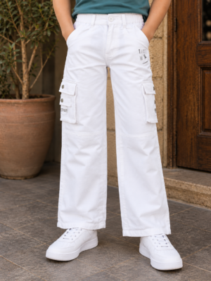 513PL Boys’ White Straight-Fit Cargo Denim Pants – Imported Fabric | Multi-Pocket Utility Style 513PL-277-WHT