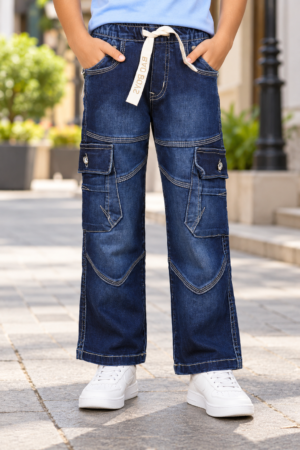 294 Boys’ Premium Dark Blue Straight-Fit Cargo Denim Jeans with Multi-Pocket Design & Drawstring Waist 6203PL-294-D BLU