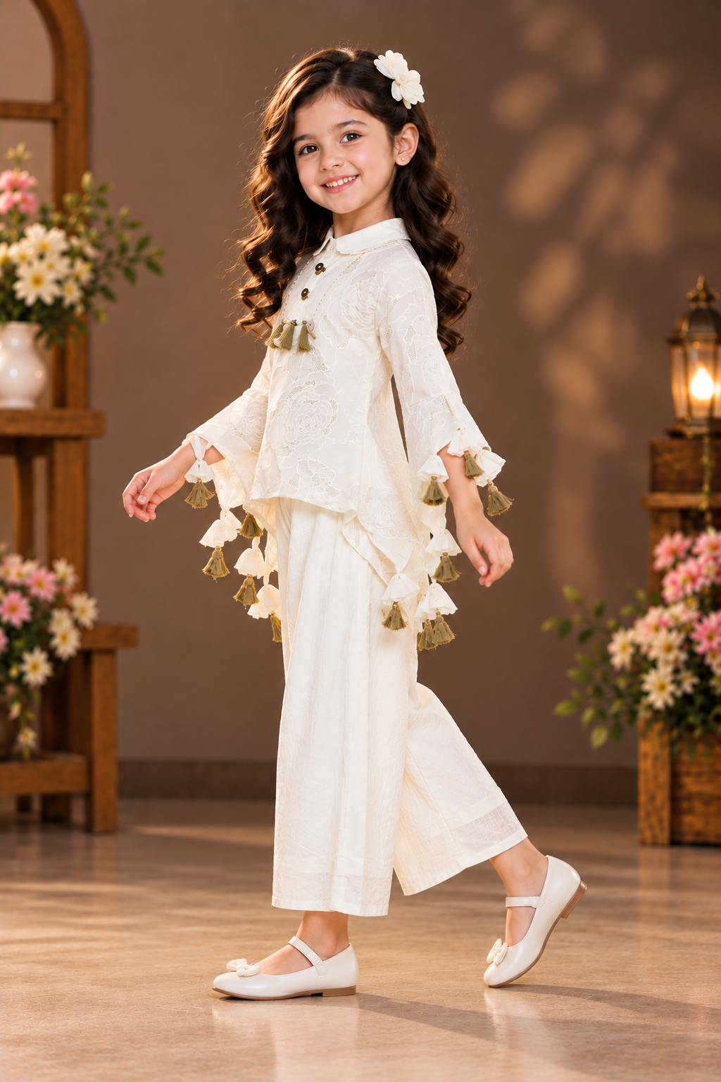 26112FL Girls’ Ivory Cream Floral Palazzo Set with Tassel Detailing 26112FL-450-CRM - Image 2