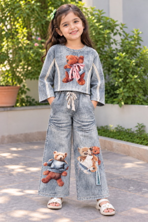 31/505EM Girls’ Blue Printed Teddy Bear Top and Wide-Leg Palazzo Set 31/505EM-29-GRY