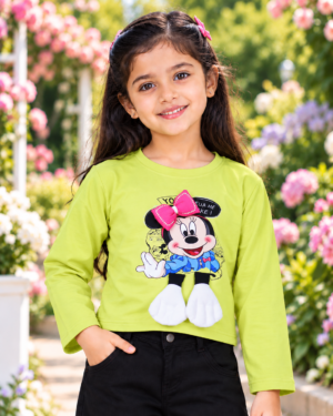 T1122PR Girls’ Lime Green Cute Cartoon Graphic Printed Imported Woollen Winter Top with 3D Pink Bow T1122PR-218-P GRN