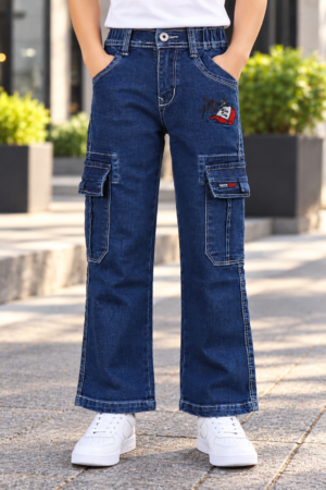 605PL Boys’ Premium Dark Blue Straight Fit Cargo Denim Jeans – Multi-Pocket Utility Casual Pants 605PL-277-D BLU