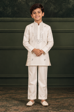 1942EM Boys’ Premium Ivory White Embroidered Kurta Pajama Set with Elegant Traditional Ethnic Design 1942EM-468-CRM