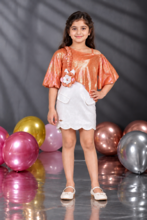 5005EM Girls’ Peach Satin Top with White Mini Skirt – Stylish Party Wear Set 5005EM-481-ORG