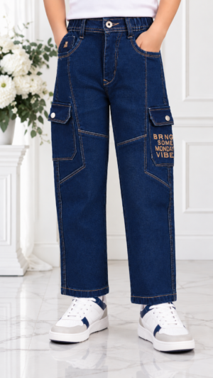 537PL Boys’ Premium Dark Blue Balloon Fit Denim Cargo Jeans – Stylish Utility Multi-Pocket Pants 537PL-277-D BLU