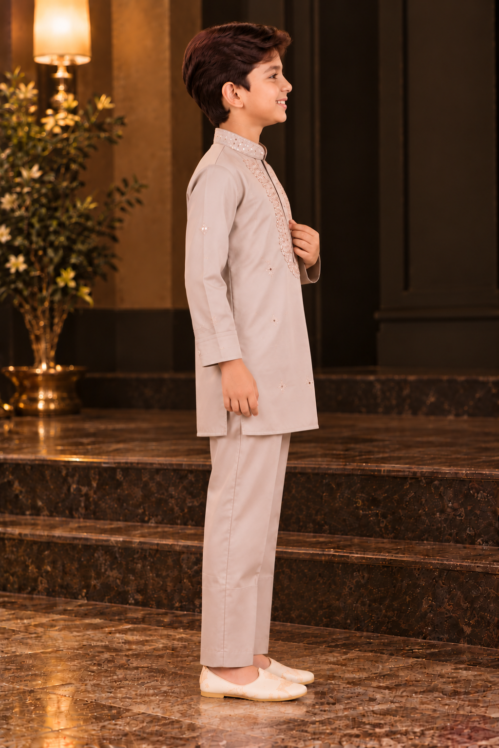 1939EM Boys’ Premium Beige Embroidered Kurta Pajama Set with Mirror Work Detailing – Imported Fabric 1939EM-468-KHKI - Image 2