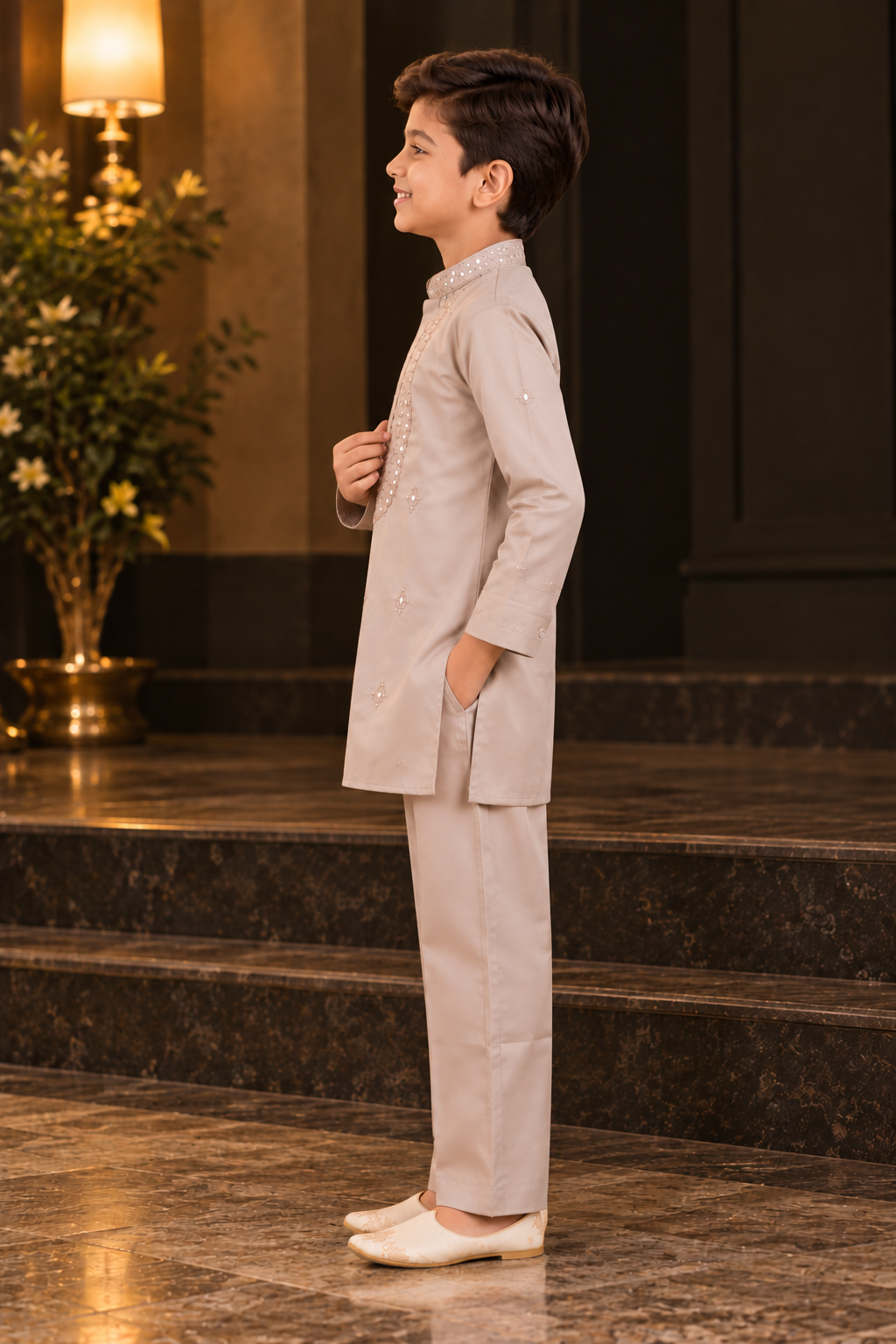 1939EM Boys’ Premium Beige Embroidered Kurta Pajama Set with Mirror Work Detailing – Imported Fabric 1939EM-468-KHKI - Image 3