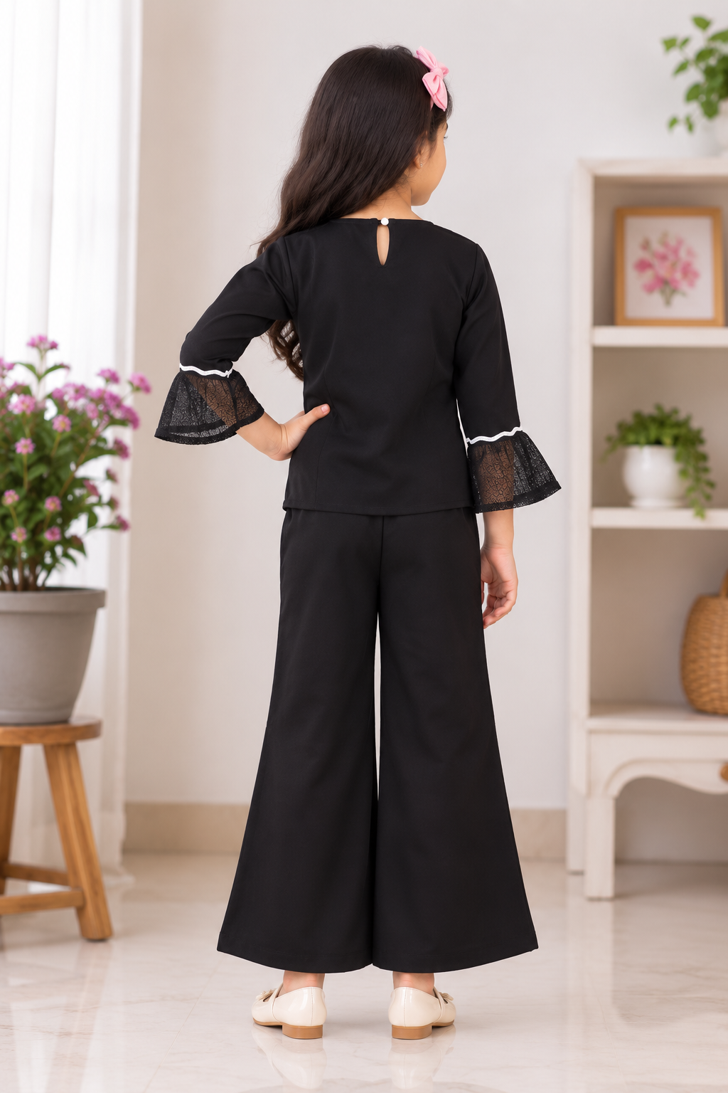 5291EM Girls’ Black Palazzo Set with Lace Bell Sleeves and Asymmetrical Ruffle Detail 5291EM-450-BLK - Image 4