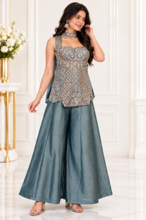 10678EM Women’s Dusty Steel Blue Silver Embroidered Designer Palazzo Suit Set with Matching Dupatta 10678EM-458-C GRN