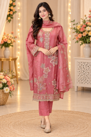 10478EM Women's Elegant Dusty Rose Pink Floral Embroidered Straight-Cut Kurta Pant Set with Matching Dupatta | Premium Designer Ethnic Wear for Festive, Party & Wedding Occasions 10478EM-458-PCH