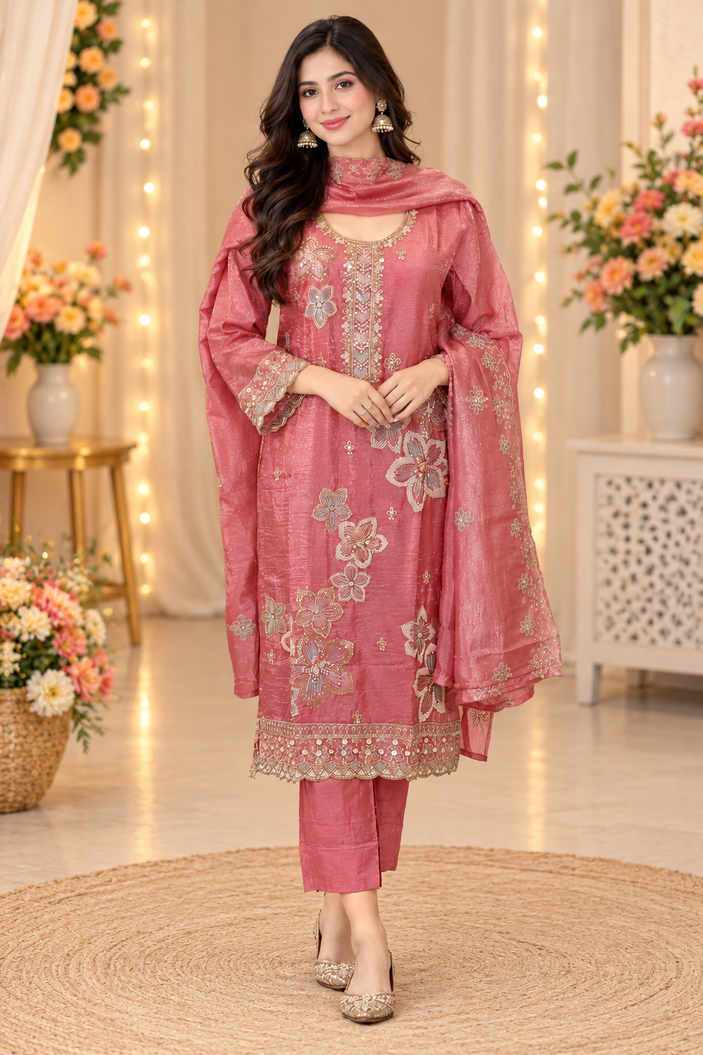 10478EM Women's Elegant Dusty Rose Pink Floral Embroidered Straight-Cut Kurta Pant Set with Matching Dupatta | Premium Designer Ethnic Wear for Festive, Party & Wedding Occasions 10478EM-458-PCH