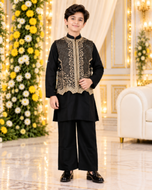 1984EM Boys’ Premium Black & Gold Embroidered Kurta Koti Set with Royal Designer Ethnic Styling 1984EM-468-BLK