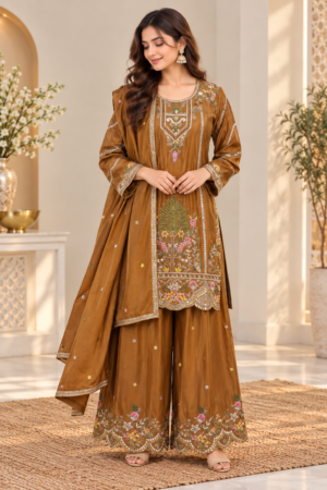10630EM Women’s Rich Caramel Brown Multicolor Floral Embroidered Palazzo Suit Set with Matching Dupatta 10630EM-458-L BWN