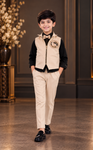 4013EM Boys’ Premium Beige & Black Designer Club Suit with Zip-Up Waistcoat, Embroidered Crest & Matching Formal Trousers 4013EM-30-FWN