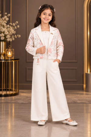 553EM Girls’ Cream White Wide Leg Co-Ord Set with Printed Blazer 553EM-450-PCH