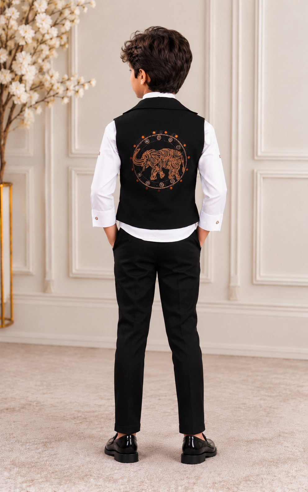 4013EM Boys’ Premium Black & White Designer Club Suit with Zip-Up Waistcoat, Embroidered Elephant Motif & Matching Formal Trousers 4013EM-30-BLK - Image 3