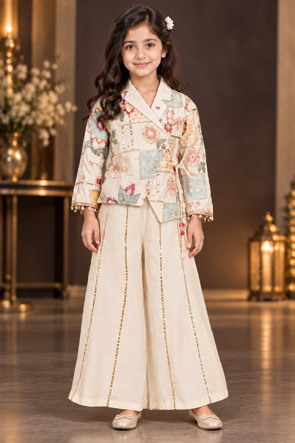 9853EM Girls’ Cream Floral Printed Jacket with Wide-Leg Palazzo Set and Decorative Golden Detailing 9853EM-414-CRM
