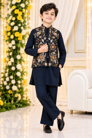 1976EM Boys’ Premium Navy Blue Floral Embroidered Kurta Koti Set with Designer Nehru Jacket – Imported Fabric 1976EM-468-PCK