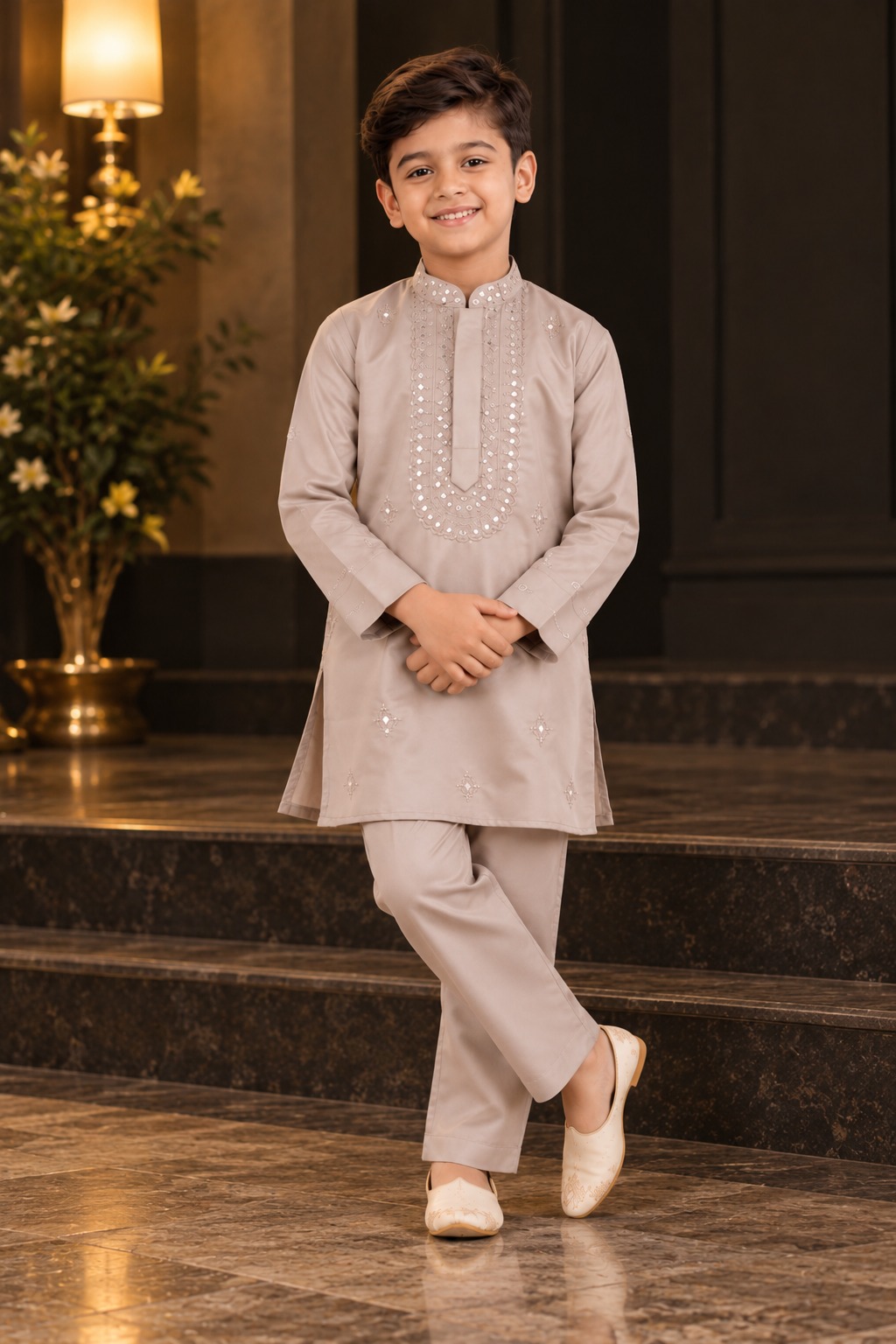 1939EM Boys’ Premium Beige Embroidered Kurta Pajama Set with Mirror Work Detailing – Imported Fabric 1939EM-468-KHKI