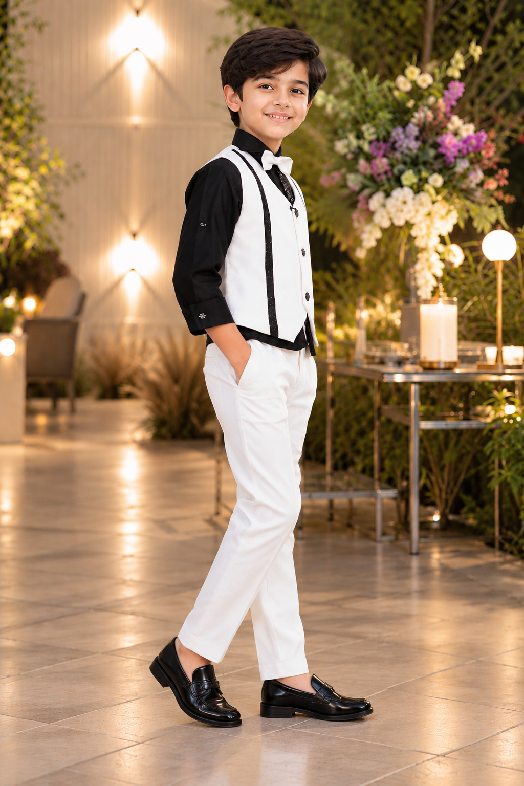 27371EM Boys’ Premium Black & White Formal Club Suit with Bow Tie & Waistcoat – Imported Fabric 27371EM-30-WHT - Image 2
