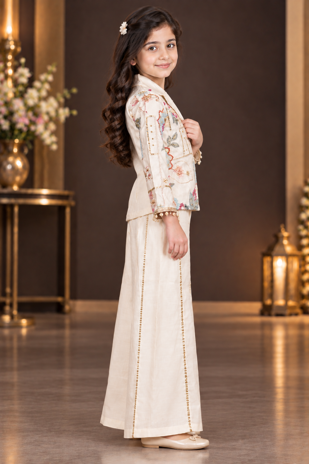 9853EM Girls’ Cream Floral Printed Jacket with Wide-Leg Palazzo Set and Decorative Golden Detailing 9853EM-414-CRM - Image 2