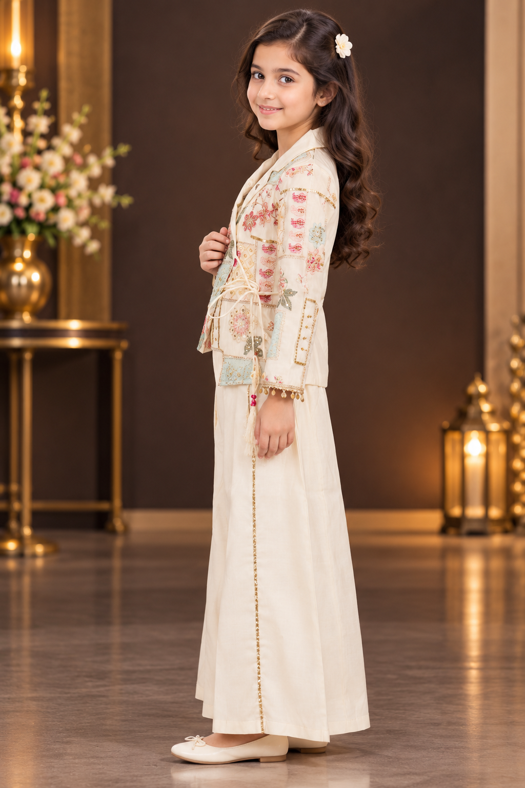 9853EM Girls’ Cream Floral Printed Jacket with Wide-Leg Palazzo Set and Decorative Golden Detailing 9853EM-414-CRM - Image 4