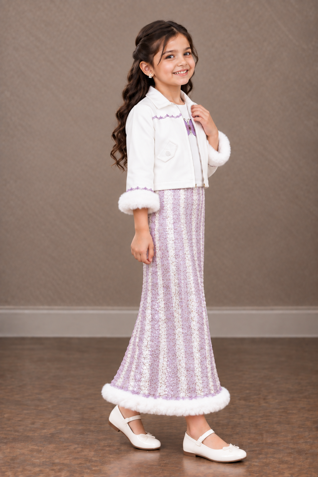 2614EM Girls’ Brown Leather-Look Jacket with Printed Long Skirt Party Wear Set 2614EM-179-LAV - Image 2