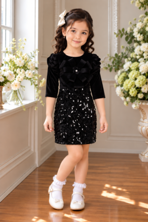 5300EM Girls’ Black Velvet Party Dress with Sequin Skirt and Bow Detail 5300EM-433-BLK
