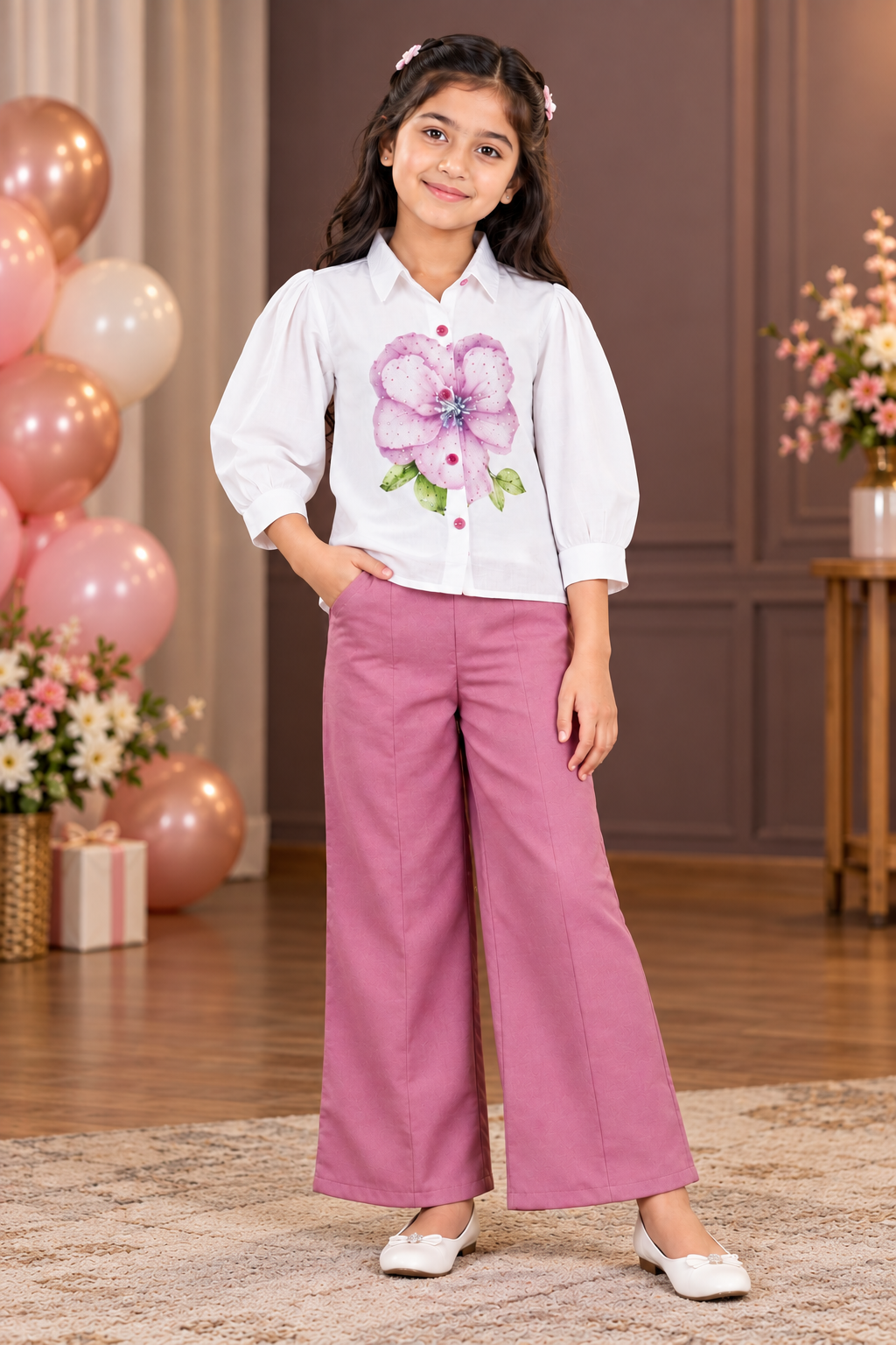 776EM Girls’ White Floral Shirt with Mauve Pink Wide-Leg Trousers Co-Ord Set 776EM-450-MVE