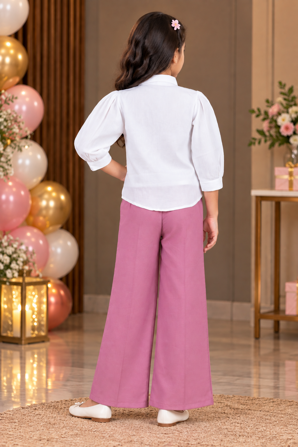 776EM Girls’ White Floral Shirt with Mauve Pink Wide-Leg Trousers Co-Ord Set 776EM-450-MVE - Image 3