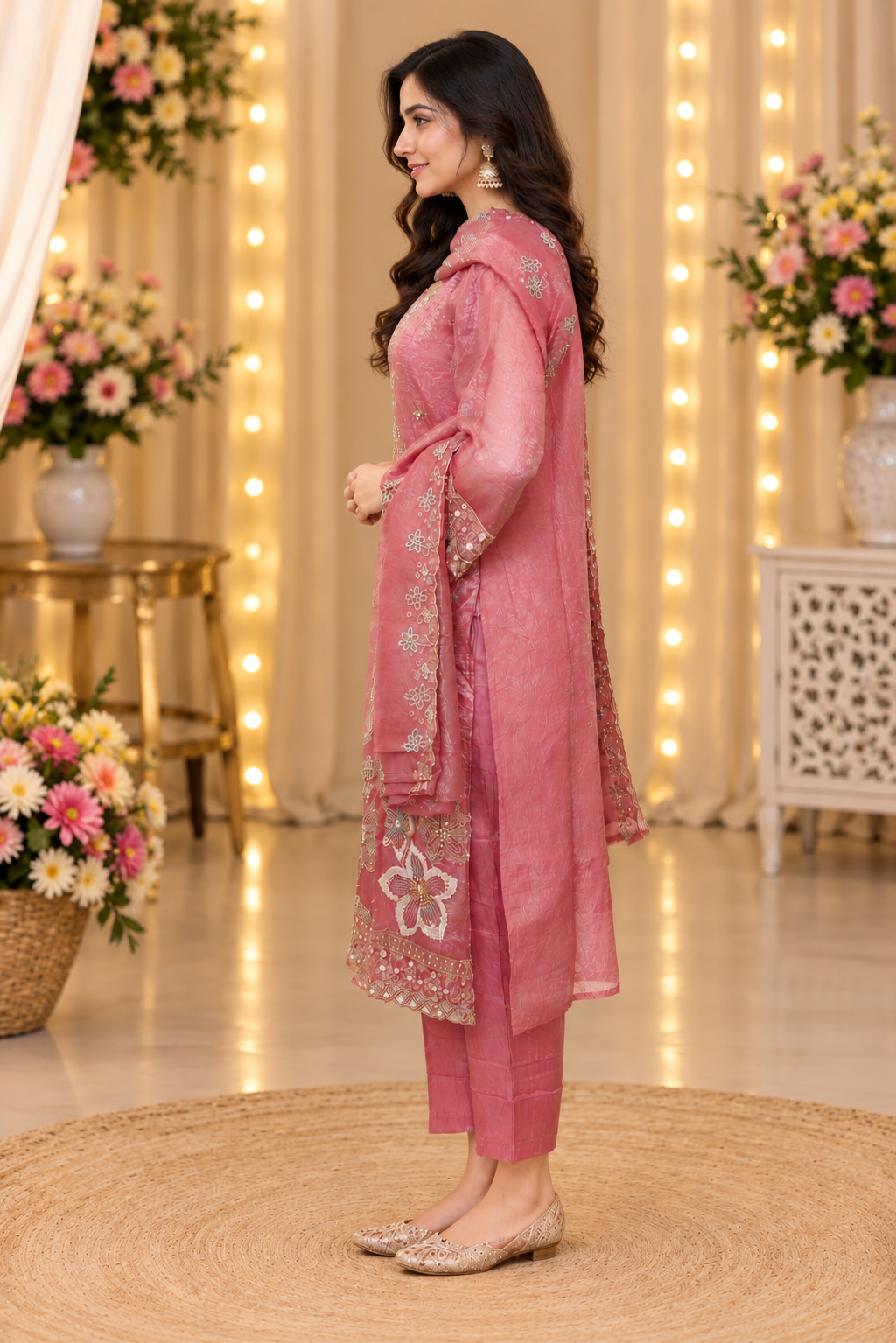 10478EM Women's Elegant Dusty Rose Pink Floral Embroidered Straight-Cut Kurta Pant Set with Matching Dupatta | Premium Designer Ethnic Wear for Festive, Party & Wedding Occasions 10478EM-458-PCH - Image 3