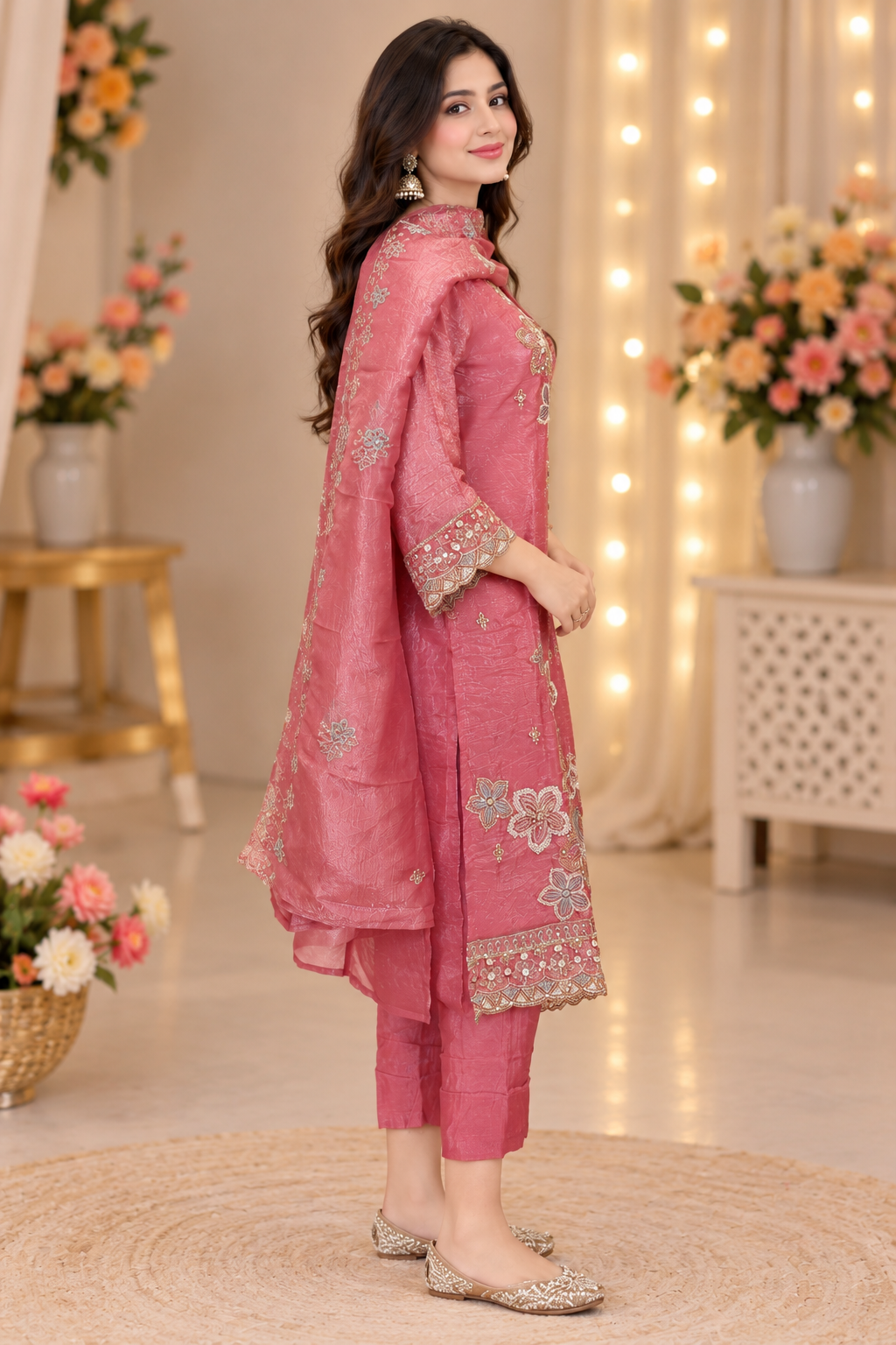 10478EM Women's Elegant Dusty Rose Pink Floral Embroidered Straight-Cut Kurta Pant Set with Matching Dupatta | Premium Designer Ethnic Wear for Festive, Party & Wedding Occasions 10478EM-458-PCH - Image 4
