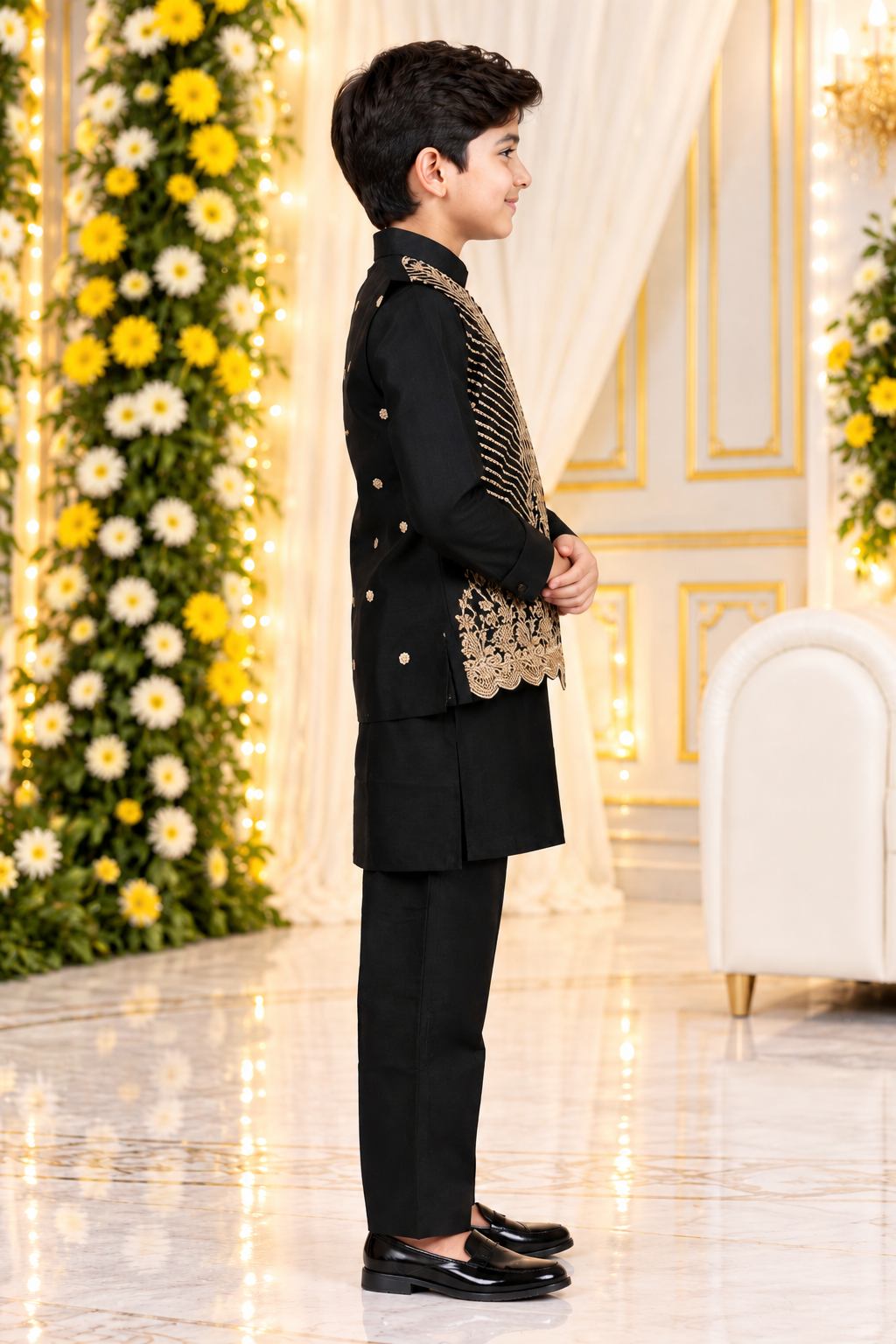 1984EM Boys’ Premium Black & Gold Embroidered Kurta Koti Set with Royal Designer Ethnic Styling 1984EM-468-BLK - Image 5