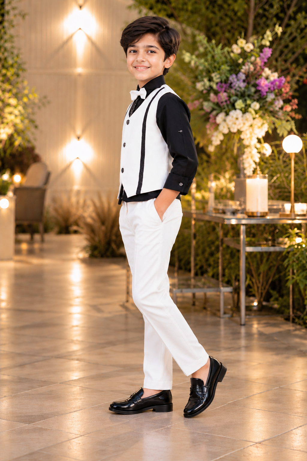 27371EM Boys’ Premium Black & White Formal Club Suit with Bow Tie & Waistcoat – Imported Fabric 27371EM-30-WHT - Image 4