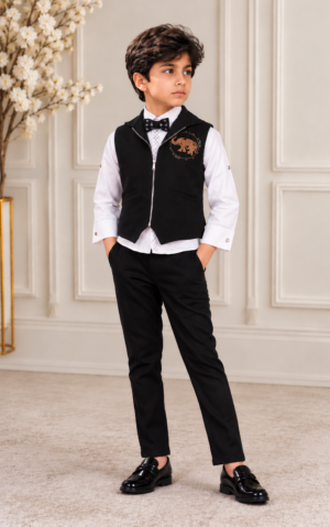 4013EM Boys’ Premium Black & White Designer Club Suit with Zip-Up Waistcoat, Embroidered Elephant Motif & Matching Formal Trousers 4013EM-30-BLK