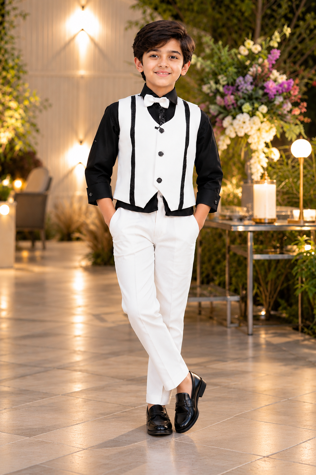 27371EM Boys’ Premium Black & White Formal Club Suit with Bow Tie & Waistcoat – Imported Fabric 27371EM-30-WHT