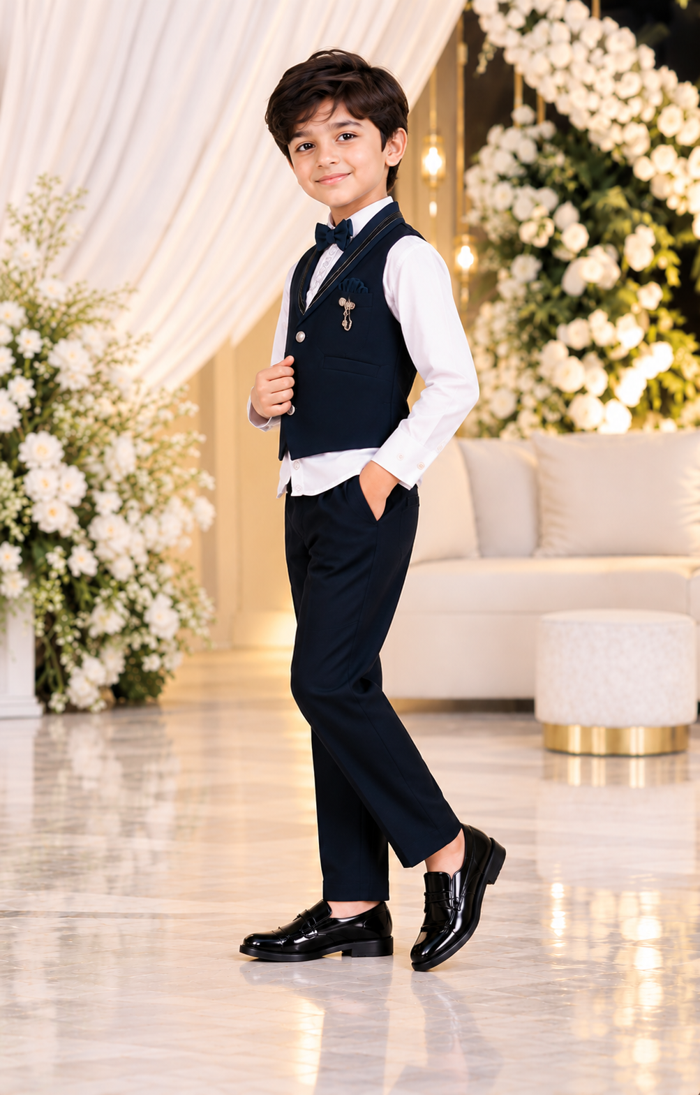 14433EM Boys’ Premium Navy Blue Designer Club Suit with Elegant Waistcoat, White Shirt, Bow Tie & Matching Formal Trousers 14433EM-30-FRZ - Image 3