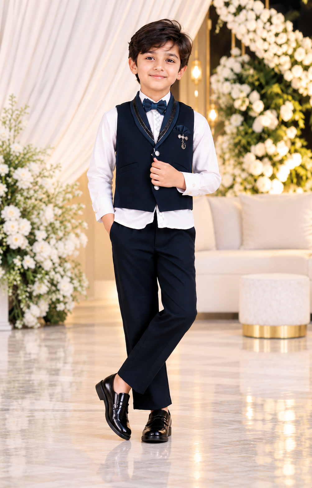 14433EM Boys’ Premium Navy Blue Designer Club Suit with Elegant Waistcoat, White Shirt, Bow Tie & Matching Formal Trousers 14433EM-30-FRZ