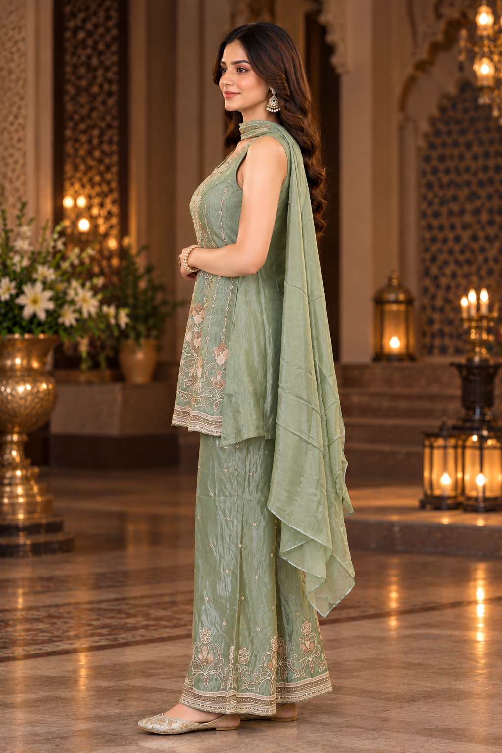 10357EM Women's Elegant Sage Green Embroidered Straight Kurta with Flared Sharara Pants & Dupatta | Premium Designer Ethnic Suit Set for Wedding, Festive & Party Wear 10357EM-458-GRN - Image 3