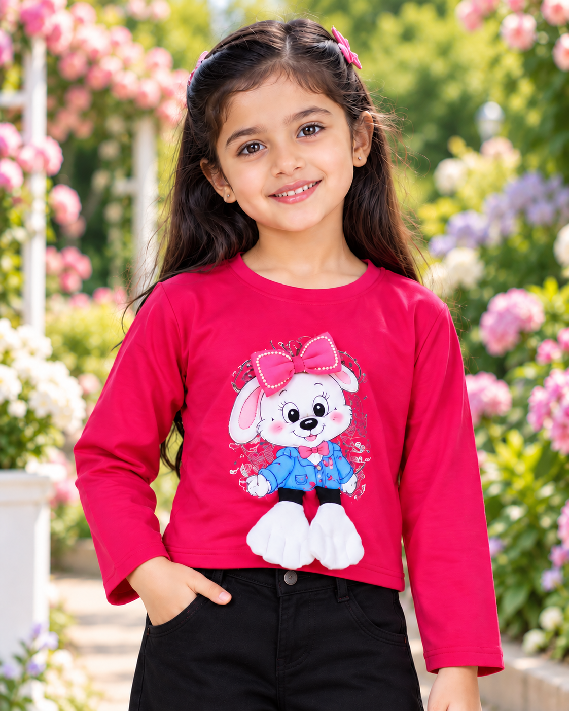 T1122PR Girls’ Bright Pink Cute Bunny Graphic Printed Imported Woollen Winter Top T1122PR-218-RANI
