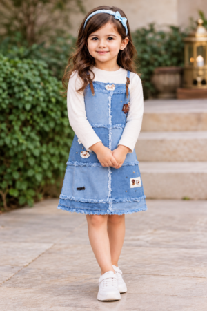 12/915DNM Girls’ Blue Denim Middy Dress with Frilled Trims and Cute Patchwork Details 12/915DNM-29-L BLU