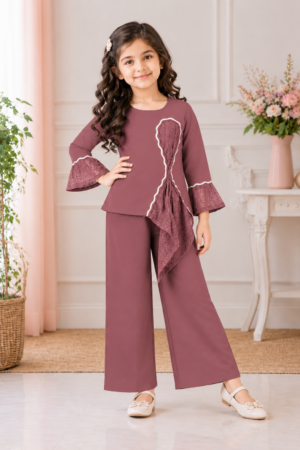5291EM Girls’ Mauve Palazzo Set with Lace Bell Sleeves and Asymmetrical Ruffle Detail 5291EM-450-ONN