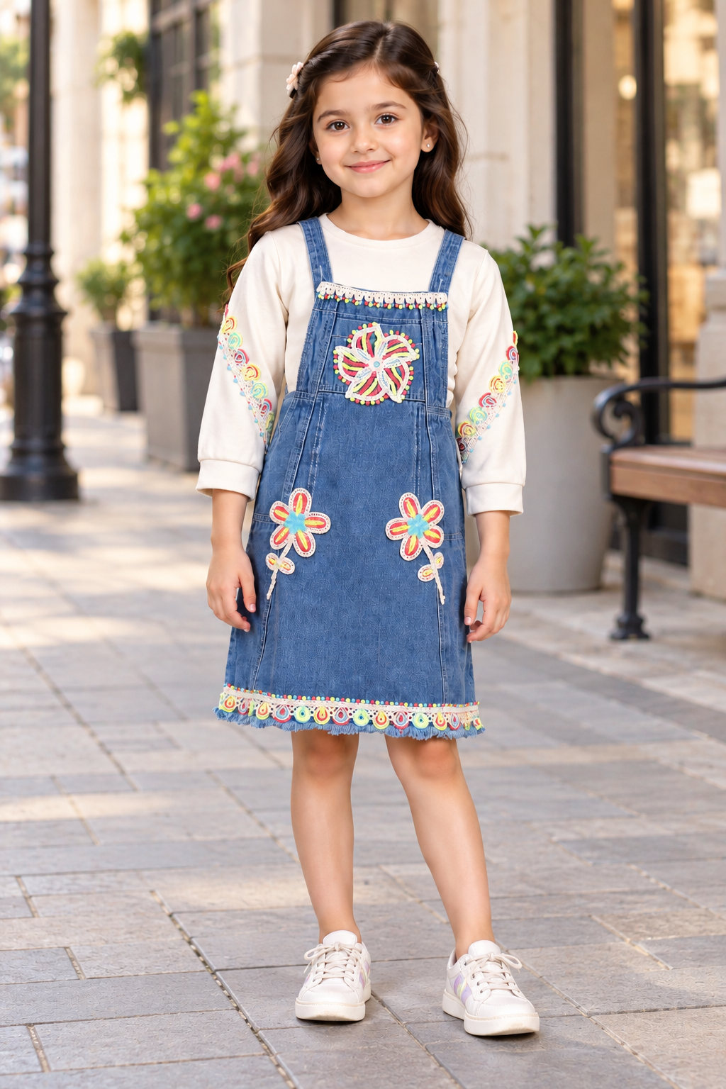 9806DNM Girls’ Blue Denim Middy Dress with Colourful Floral Appliqué and Embroidered Sleeves 9806DNM-414-L BLU