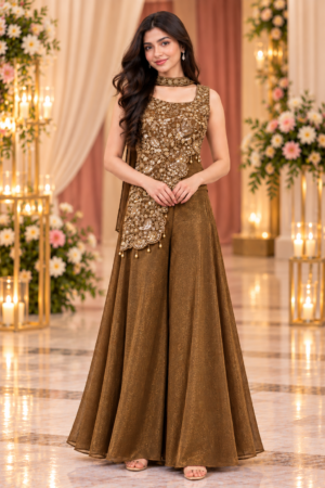 10624EM Women’s Antique Golden Bronze Heavy Embroidered Designer Palazzo Suit Set with Matching Dupatta 10624EM-458-MHND