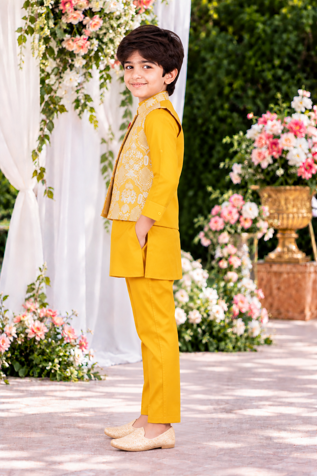 1008 Boys’ Premium Mustard Yellow Embroidered Kurta Koti Set with Designer Nehru Jacket & Matching Pajama 1008-425-LMN - Image 5