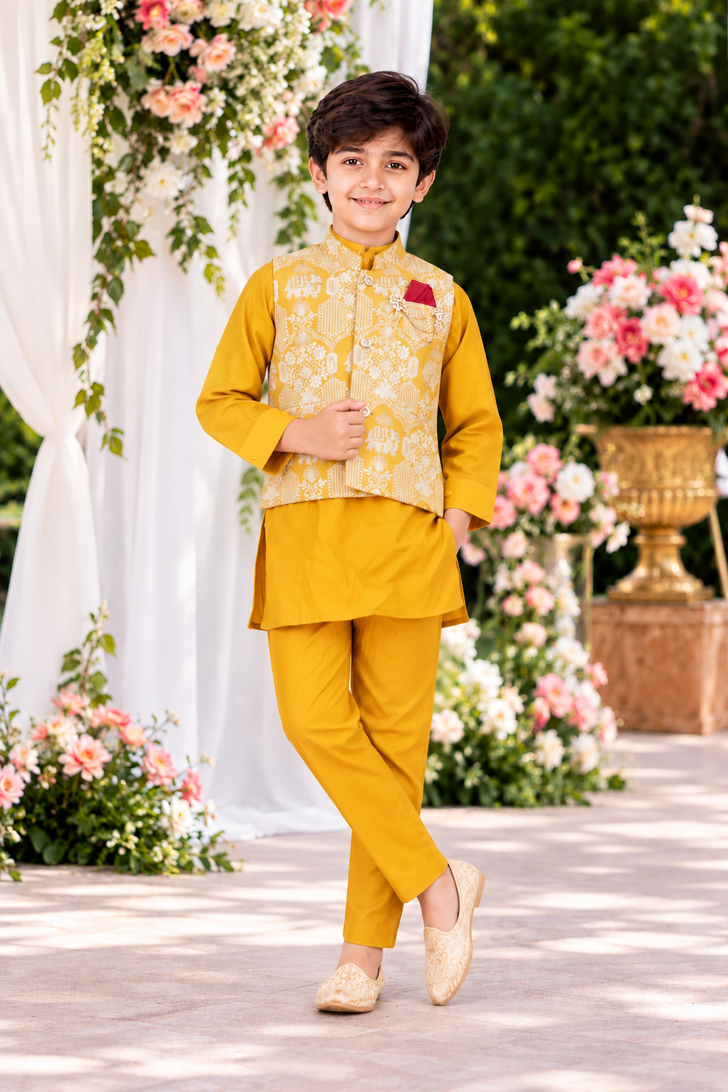 1008 Boys’ Premium Mustard Yellow Embroidered Kurta Koti Set with Designer Nehru Jacket & Matching Pajama 1008-425-LMN