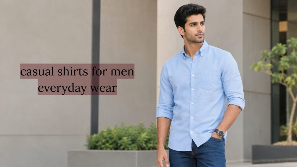 Man wearing a light blue casual shirt with dark blue jeans for everyday style