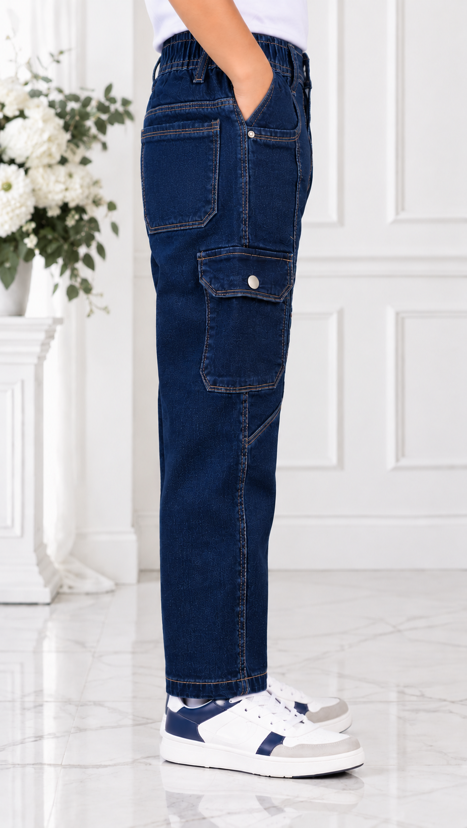 537PL Boys’ Premium Dark Blue Balloon Fit Denim Cargo Jeans – Stylish Utility Multi-Pocket Pants 537PL-277-D BLU - Image 2