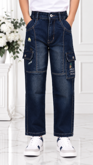 538PL Boys’ Premium Dark Blue Balloon Fit Cargo Denim Jeans – Multi-Pocket Utility Style Pants 538PL-277-D BLU