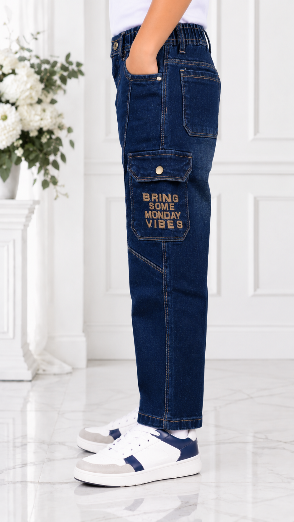 537PL Boys’ Premium Dark Blue Balloon Fit Denim Cargo Jeans – Stylish Utility Multi-Pocket Pants 537PL-277-D BLU - Image 4